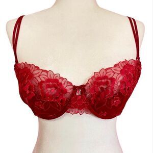 Victoria’s Secret Vintage Y2K DREAM ANGELS Red Lace floral Mesh Balconet Bra 34B